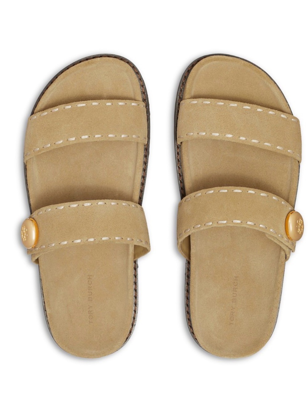 Tory Burch Beige Suede Double Strap Sport Slide Sandals Gold Logo Romy EUC 8.5